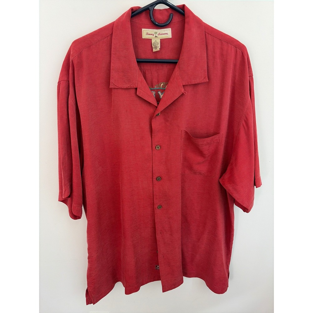 Tommy Bahama Shirt XL Tropical Red Silk Jungle Shakedown Toucan Embroidered Camp